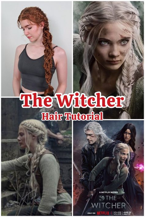 Collage of reference pictures of Ciri from the Witcher Netflix series Cirilla Hairstyle The Witcher, Ciri Braid Witcher, Ciri Hairstyle Tutorial, Ciri Witcher Hairstyle, Ciri Witcher Hair, The Witcher Hairstyle, Ciri Hairstyle, Witcher Hairstyles, Easy Viking Hairstyles Women