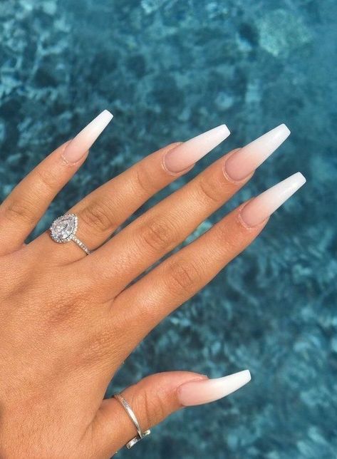 Long Ombre Nail Designs, Clearish Nails, Frost White Acrylic Nails, Professional Long Nails, Nail Inspo Long Coffin, Long Ballerina Nails Designs, Ombre Coffin Nail Ideas, Pretty Long Nails Acrylic, White Long Nails With Designs