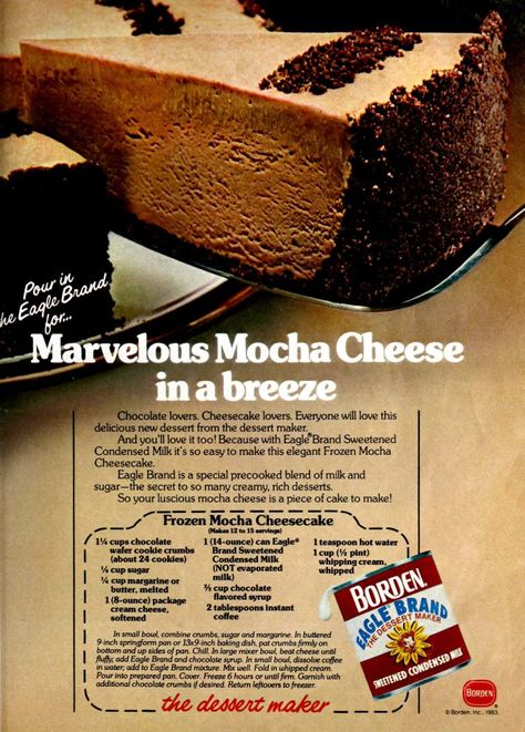 Frozen mocha cheesecake (1983) Mocha Cheesecake, Chocolate Crumbs, Frozen Cheesecake, Chocolate Wafer Cookies, Cheesecake Lovers, Easy Peanut Butter Cookies, Torte Recipe, Rich Desserts, Frozen Chocolate