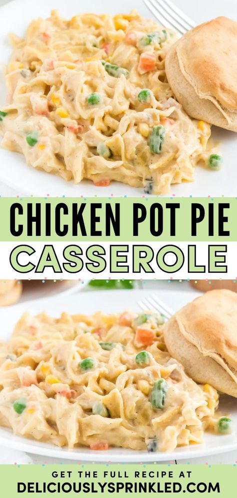 You're going to love this Easy Chicken Pot Pie Casserole! With only 10 minutes of prep, it's the perfect busy weeknight dinner. While this creamy, yummy casserole recipe is the perfect comfort food idea, it is also great for a crowd at potlucks! Cheesy Chicken Pot Pie Casserole, Chicken Pot Pie Casserole With Potatoes, Pot Pie Chicken Casserole, Chicken Pot Pot Casserole, Baked Chicken Pot Pie, One Pot Casserole Dinners, Easy Dinner Recipes For Family Rotisserie Chicken, Easy Dinner Recipes With Shredded Chicken, Meal Pies Dinners