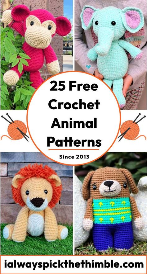 25 Free Crochet Animal Patterns (Animals Amigurumi) Crochet Animal Toys, Crochet Wild Animals, Free Crochet Animal Patterns Easy, Crocheted Animals Free Patterns Easy, Crochet Free Animal Patterns, Granny Square Crochet Animals, Amigurumi Animal Patterns, Crochet Critters Free Patterns, Free Arugami Crochet Patterns