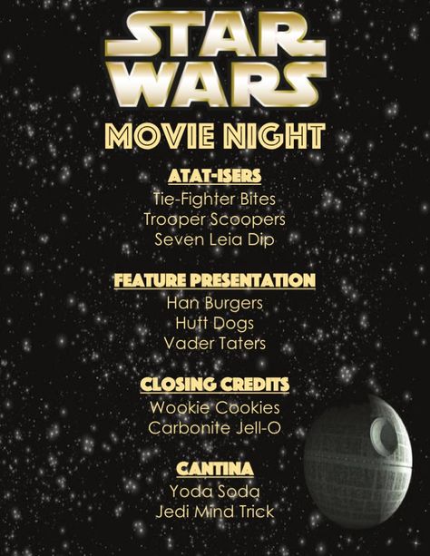 Star Wars Menu  Disney Family Movie Night May the Fourth Be With you Family Movie Night Meals, Movie Food Night, Star Wars Meal Ideas, Movie Night Disney Theme, Star Wars Themed Movie Night, Movie Theme Dinners, Star Wars Date Night Ideas, Star Wars Dinner Party, Movie Themed Family Dinners