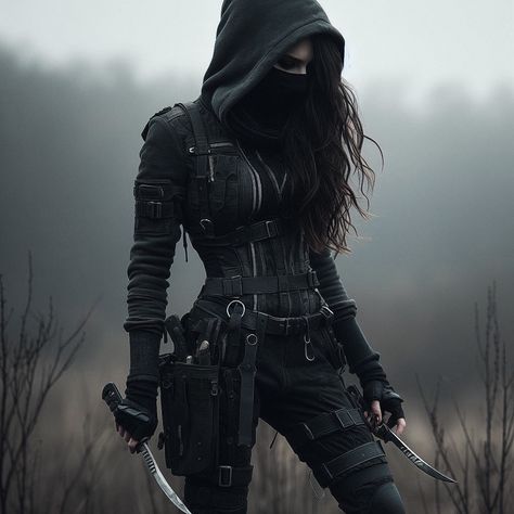 Female Warriors Aesthetic, Assassin Ballgown, Dark Sleek Aesthetic, Fantasy Spy Outfit, Warrior Aesthetic Outfit, Assassin Clothing Female, Warrior Female Aesthetic, Battle Hairstyles Women, Masked Female Assassin Art