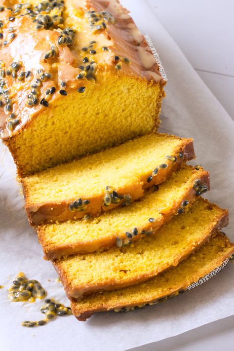 Passion Fruit Mango Cake, Mango And Passionfruit Cake, Mango Passionfruit Cake, Mango Loaf, Loaves Recipes, Fruit Glaze, Mango Bread, Tea Loaf, Mango Pudding