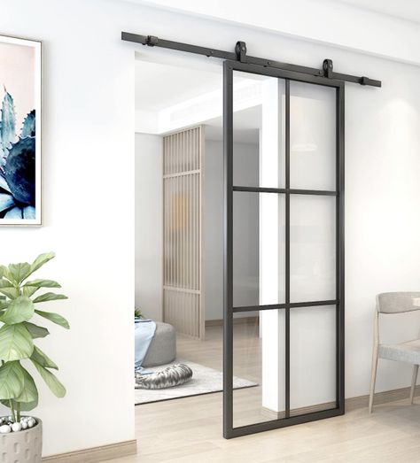 BARNSMITH Sliding Clear Glass Door, 91x213cm DIY Black Aluminum Frame Barn Door Panel, Modern Pre-Drilled Holes Interior Door Kit for Office Kitchen Living Room Shower Door room Dividers, No Track Kit #doors #interiordesign #glassinnovation Metal Frame Door, Frosted Glass Barn Door, Sliding Glass Barn Door, Sliding Door Company, Space Saving Doors, Sliding Glass Barn Doors, Glass Barn Door, Glass Sliding Door, Enhance Beauty