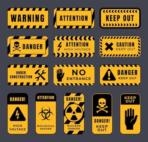 Danger Sign Design, Warning Signs Aesthetic, Warning Signs Design, Toxic Sticker, Caution Signs, Warning Poster, Hazard Sign, Danger Signs, Element Symbols