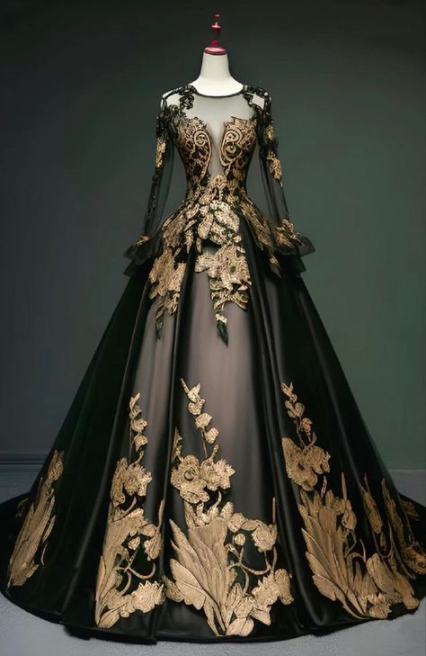 Ballroom Gowns Elegant, Fantasy Ball Gowns Goddesses, High Fantasy Clothing, Dark Fantasy Gown, Gaun Abad Pertengahan, Masquerade Ball Gown, Black And Gold Wedding, Video Tiktok, Fantasy Dresses