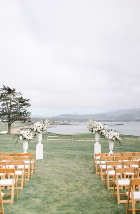 Simple Ceremony Flowers Altar, Simple Ceremony Backdrop Outdoor, Outdoor Ceremony Set Up, Pier Wedding Ceremony, Ocean View Wedding Ceremony, Simple Ceremony Decor Outdoor, Pebble Beach Wedding, Wedding Ceremony Set Up, Outdoor Wedding Ceremony Simple