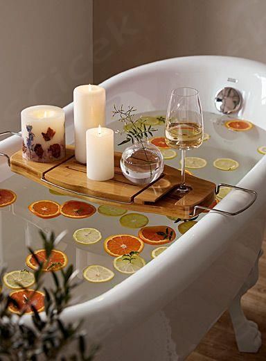 Simons Maison exclusive- This is absolute piece for relaxing in the bath- Waterproof bamboo tray perfect for resting your body products, a book, a glass of wine and more- Arms extend up to 40" to fit most baths  ... daha fazla Bathroom Tub Decor Ideas, Bath Tube, Bathtub Shower Combo, Bathtub Caddy, Bathtub Decor, Romanticising Life, Bath Tray, Bamboo Tray, Bathroom Tub