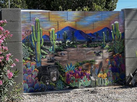 Cacti Painting, Desert Mural, Landscaping Driveway, Backyard Porch Ideas, Desert Backyard, Exterior Murals, Southwest Home, Backyard Wall, Garden Mural