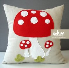 Applique Cushions, Felt Cushion, Felt Pillow, Cute Cushions, Red Mushroom, Bantal Sofa, Sewing Pillows, 16x16 Pillow Cover, Cute Pillows