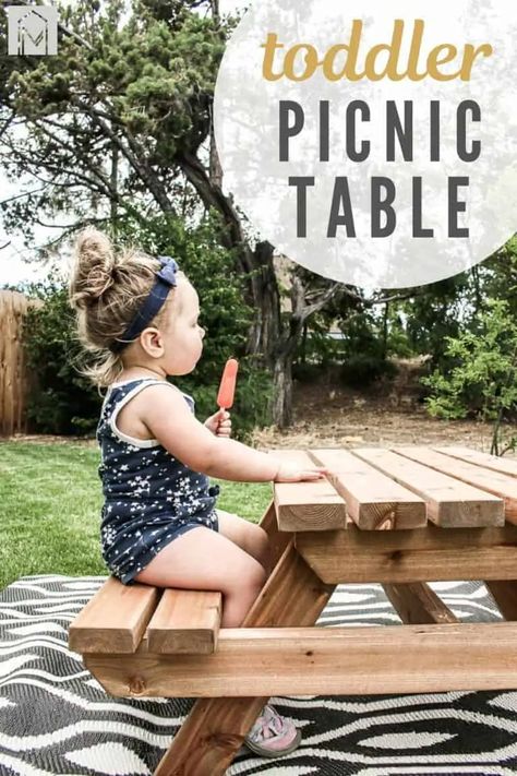 Follow along to learn how to build a DIY toddler picnic table for your backyard! This free woodworking plans are provided with a video tutorial so you can learn how to make a toddler sized table. #toddler #picnic #wood Diy Kids Picnic Table, Kids Wooden Picnic Table, Toddler Picnic Table, Kids Picnic Table Plans, Kids Outdoor Table, Wooden Table Diy, Diy Picnic, Diy Picnic Table, Picnic Table Plans