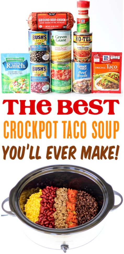 Easy Crockpot Taco Soup Recipe! {Quick Prep} - The Frugal Girls Easy Crockpot Taco Soup, Crockpot Taco Soup, Recipe With Beef, Crockpot Taco, Crockpot Healthy, Pot Recipes Healthy, Crock Pot Tacos, Taco Soup Recipe, Pot Recipes Easy