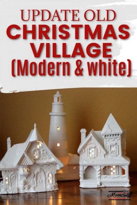 Update your old colorful Christmas houses to a more neutral and modern white. Easy and cheap to do! White Christmas Village Diy, All White Christmas Village, White Village Christmas Houses Diy, White Christmas Houses Village, Neutral Christmas Village, White Christmas Village Houses, Repainting Christmas Village Houses, Diy White Christmas Village, Diy Painted Christmas Village Houses