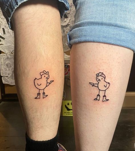 Cute Matching Western Tattoos, Different Matching Tattoos Couples, Chicken With Boots Tattoo, Dynamic Duo Tattoo, Quirky Friend Tattoos, Duck Cowboy Tattoo, Silly Couples Tattoos, Best Friend Tattoos Silly, Cowboy Up Tattoo Ideas