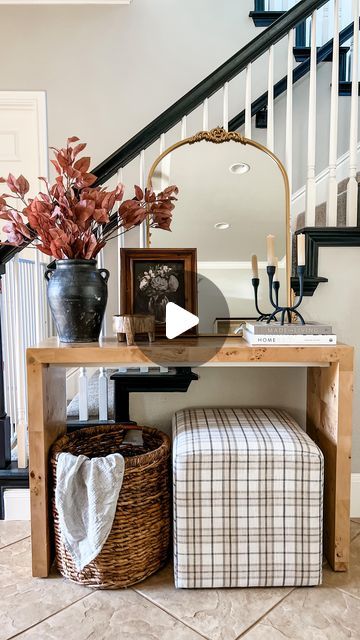 Nicole Chatham on Instagram: "Console table styling! Here’s a look at this beautiful console table that I’ve never shared! I wanted to add a little pizazz in front of the staircase and I’ve been working on getting this table just right. When I found this Target ottoman the other day, I knew it was the perfect piece to complete the look 🤌. Comment TABLE to get a direct link to decor pieces used in this reel! Everything I used is from Target and Hobby Lobby! The ottoman is currently on sale! Target Ottoman, Console Table Styling, The Staircase, I Knew It, Table Styling, Decor Pieces, Hobby Lobby, Console Table, Lobby