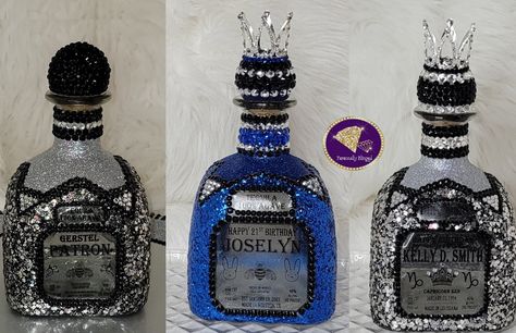 Crown Royal Bottle Crafts Diy, Bedazzled Bottles, Blinged Bottles, Alcohol Bottle Decorations, Bedazzled Liquor Bottles, Bedazzled Bottle, Decorated Liquor Bottles, Bottle Projects, Patron Bottle