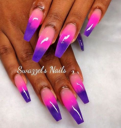 Pink And Purple Ombre Nails, Pink And Purple Nails, Purple And Pink Nails, Acrylic Nail Designs Classy, Long Red Nails, Purple Ombre Nails, Blue Glitter Nails, Curved Nails, Pink Ombre Nails