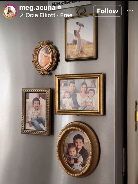 Frame Fridge, Vintage Family Pictures, Mini Art Gallery, Family Photo Gallery Wall, Fridge Photos, Family Pictures On Wall, Rustic Photo Frames, Small Picture Frames, Family Picture Frames