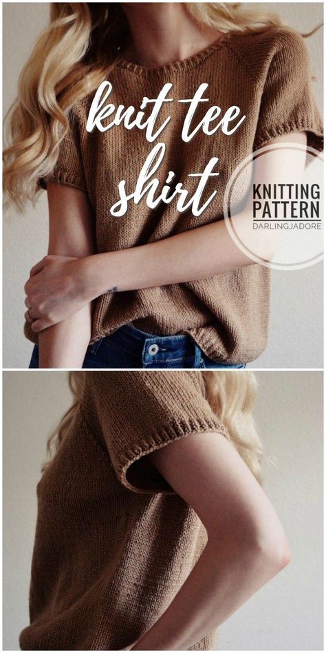 Super cute knit tee shirt knitting pattern for this short sleeved women's sweater! Perfect for spring! #knitting #pattern #tshirt #yarn #crafts #craftevangelist Shirt Knitting Pattern, Projek Mengait, Knit Tee Shirt, Pola Amigurumi, Sweater Knitting Patterns, Summer Knitting, Free Knitting Pattern, Knitting Accessories, Knit Tees