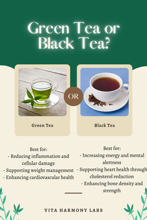 Discover the health benefits of green tea and black tea to decide the best brew for you! Green Tea Vs Black Tea, Drinking Green Tea Benefits, Health Benefits Of Black Tea, Green Tea Extract Benefits, Black Tea Benefits, Health Benefits Of Matcha Green Tea, Green Tea Benefits Health, Benefits Of Green Tea, Tea Aesthetic