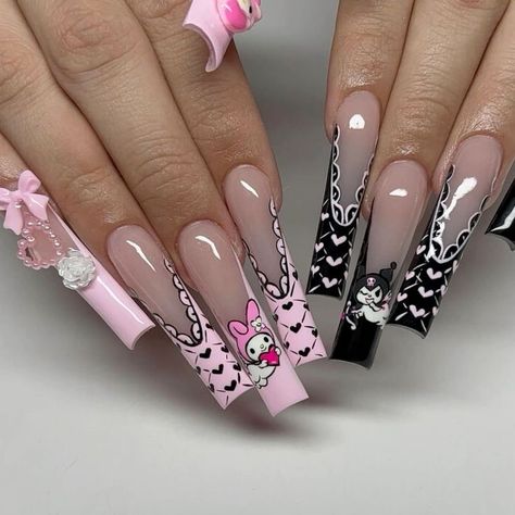 ₊˚ෆ Follow me for more 𐙚 visit my boards ₊˚ෆ Kuromi Nail Art, My Melody X Kuromi, Paznokcie Hello Kitty, Confetti Nails, Halloween Acrylic Nails, Punk Nails, Long Acrylic Nail Designs, Valentine Nails, Anime Nails