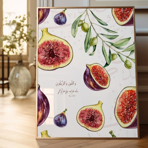 By the fig and the olive [95:1] #quran #poster designed @at9pm.de #fruits #food #kitchen #küche #furniture Olive Drawing, Olive Painting, Quran Poster, Olive Decor, Arte Hippy, Islam Art, Frames Diy Crafts, Kitchen Canvas, Sticker Design Inspiration