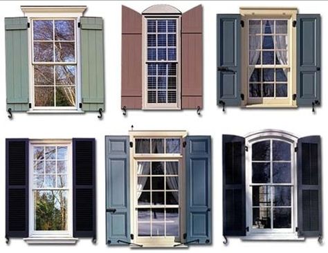 Shutter styles, like the first one to the left Windows With Shutters, Window Shutters Exterior, Outdoor Shutters, Shutter Colors, Green Shutters, Exterior Window, House Shutters, Window Trim Exterior, Vinyl Exterior