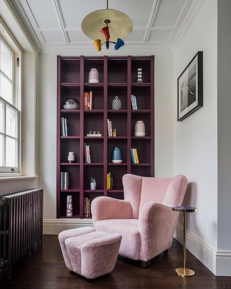 @1stdibs on Instagram: “The epitome of hygge (Danish for “exceptionally cozy”), the Jolene chair by @elnaznamaki_studio is the perfect foil for brisk fall…” Pink Bookshelf, Shearling Chair, Colorful Bookshelf, Elevated Homes, Home Storage Solutions, Built In Furniture, Home Organisation, Built In Bookcase, Cafe Chairs