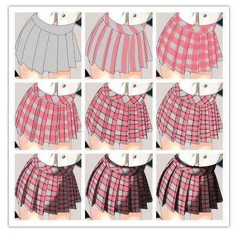 Pleated Skirt Shading Drawing, Plaid Skirt Tutorial Drawing, Plaid Skirt Drawing Reference, How To Color Clothes Anime, How To Shade Skirts Digitally, Skirt Coloring Tutorial, Shading Clothes Reference, How To Draw A Pleated Skirt, How To Draw Patterns Clothes