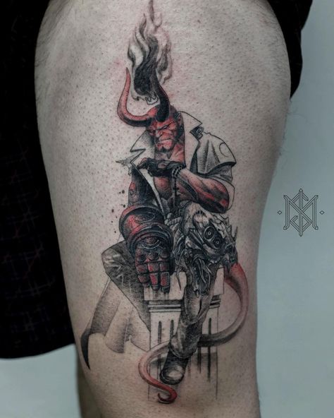 Daniel Berdiel on Instagram: “• H E L L B O Y • Gracias Pablo . . . #danielberdiel #isometricgallery #zaragozatattoo #hellboy #comicart #comictattoo #tattooartist…” Hellboy Tattoo Ideas, Hellboy Tattoo Design, Satanic Tattoo Symbols, Gengar Tattoo, Hellboy Tattoo, Satanic Tattoos, Comic Book Tattoo, Hellboy Art, Gamer Tattoos