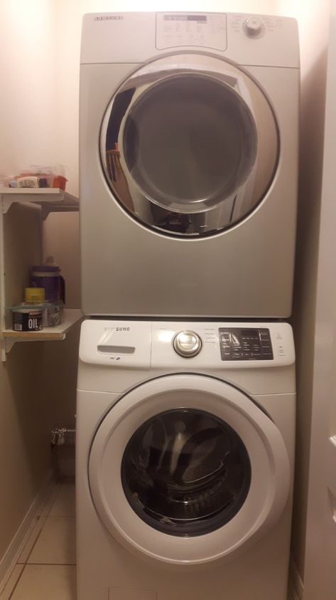 Can I stack a washer & a dryer of a different brand & size? Ventless Dryer, Small Laundry Space, Samsung Washer, Lg Washer, Whirlpool Washer, Laundry Space, Metal Braces, Cabinet Boxes, Attached Garage