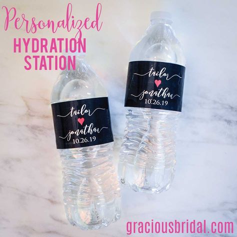 We love the idea of a hydration station during the party or on the way out! Personalize your water bottles with labels from Gracious Bridal! Personalized Water Bottle Labels Wedding, Wedding Water Bottle Labels, Personalized Water Bottle Labels, Wedding Water, Water Bottle Labels Wedding, Wedding Water Bottles, Hydration Station, Water Wedding, Wedding Bottles