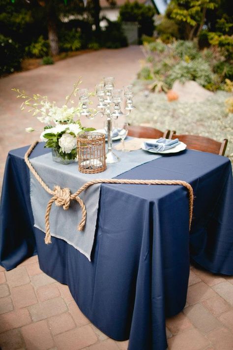 love the idea of a knot being at the sweetheart table...maybe this with an ampersand, tying the two chairs together? Romantic Wedding Centerpieces, Beautiful Wedding Centerpiece, Sweetheart Table Decor, Tie The Knot Wedding, Nautical Table, Elegant Wedding Centerpiece, Sweetheart Table Wedding, Nautical Wedding Theme, Navy Blue Wedding