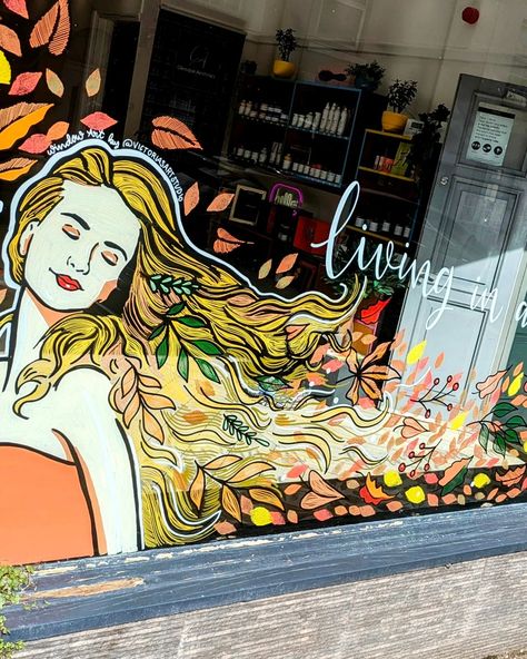 'Living in a Harmonious world' new autumnal mural for Aidali in Congleton . . . . #windowmural #windowartistsofinstagram #windowart #windowdisplay #windowpainting #autumnwindowdisplay #autumnvibes #autumn @posca_uk #poscawindow #poscapeople #cheshireartists #cheshireartist #cheshire #congleton Salon Window Painting, Salon Window, Autumn Window Display, Window Mural, Window Art, Window Painting, Window Display, Fall Vibes, Art Studio