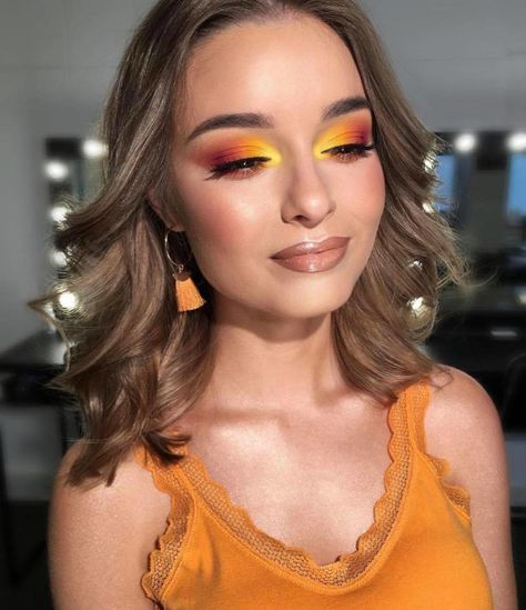 Yellow Orange Makeup Looks, Red And Yellow Makeup Looks, Haldi Eyeshadow Look, Eye Makeup For Yellow Outfit, Yellow Orange Eye Makeup, Neon Orange Makeup Looks, Hecate Cosplay, Yellow Orange Makeup, Makeup Looks Orange