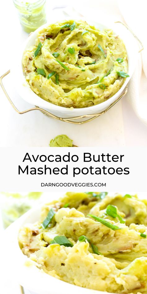 In this recipe we combine creamy mashed potatoes with dallops of avocado butter that melts right into the potatoes for a rich and healthy buttery avocado heaven flavor. These potatoes are light and fluffy, mildly avocado flavored, comfort food to the max, and deliciously delicious. Potato Avocado, Dairy Free Mashed Potatoes, Butter Mashed Potatoes, Avocado Dessert, Avocado Butter, Mashed Potato Recipes, Mashed Avocado, Mashed Potato, Creamy Mashed Potatoes