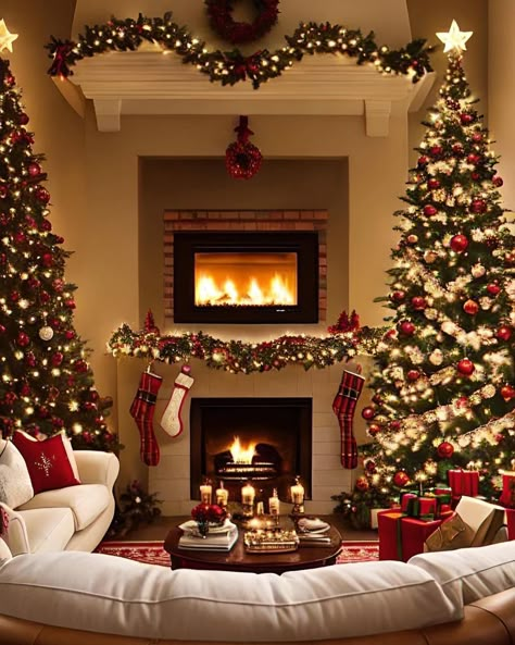 The Magical Holidays of Christmas & Winter ⛄️❄️🎄🎅🏻 | ❤️❤️❤️❤️ Cozy Christmas Decor, Christmas Fireplace Decor, Traditional Christmas Decorations, Creative Christmas Trees, Christmas Decor Inspiration, Christmas Mantel Decorations, Christmas Interiors, Christmas Themes Decorations, Traditional Christmas Tree