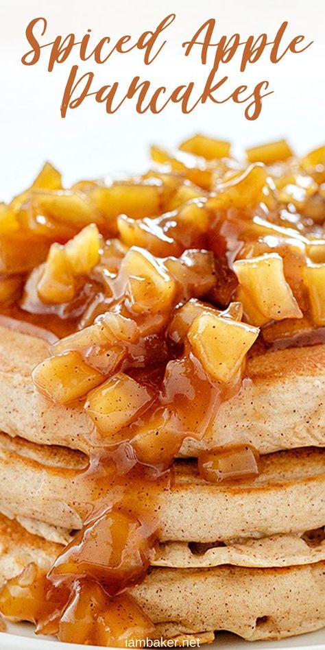 Light and fluffy apple pancakes topped with an apple topping make these Spiced Apple Pancakes too good to pass up! #spicedapplepancakes #homemadeapplepiespice #applepiespice #applespice #iambaker #comfortfood #hotbreakfast #pancakes #johnnycakes #hotcakes #breakfast #weekendbreakfast Pancakes With Apple Topping, Apple Topping For Waffles, Apple Spice Pancakes, Apple Pie Pancakes Recipes, Apple Butter Pancakes, Pancakes With Apples, Apple Banana Pancakes, Fancy Pancakes Ideas, Different Kinds Of Pancakes