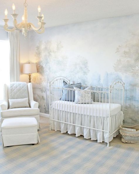 french nursery room inspiration French Country Nursery, French Nursery, Taupe Walls, Style Me Pretty Living, White Armchair, White Shiplap Wall, Textured Carpet, Woodland Nursery Theme, Rustic Nursery