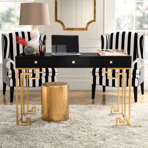 Everly Quinn Hamlig Desk & Reviews | Wayfair Glam Office Decor, Gold Office Decor, Glam Office, Desk Wood, Salon Suites, Luxury Office, Home Office Space, Office Furniture Desk, Office Inspiration