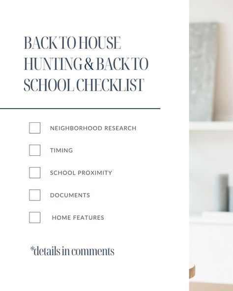 🏡 Back to House Hunting & Back to School Checklist 📝 Getting ready for both house hunting and the new school year? Here's your ultimate checklist: 🏠 Neighborhood Research: Check school ratings, commute times, and local amenities. 📅 Timing: Plan house tours around school schedules and activities. 🚌 School Proximity: Consider homes close to your preferred schools to make drop-offs and pick-ups easier. 📂 Documents: Have school records and housing documents organized for a smooth transition. 🏡 ... Back To School Checklist, School Checklist, School Schedule, Documents Organization, The New School, New School Year, New School, House Hunting, School Year