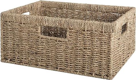 StorageWorks Large Rectangular Wicker Basket, Water Hyacinth and Seagrass Storage Basket with Built-in Handles, 1 Pack Rectangle Basket, Wicker Storage Baskets, Shelf Baskets, Large Wicker Basket, Seagrass Baskets, Baskets For Shelves, Seagrass Storage Baskets, Wicker Storage, Natural Baskets