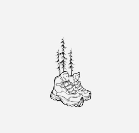 Cute Adventure Tattoos, Walking Boots Tattoo, Hiking Related Tattoos, Patch Work Nature Tattoos, Adventure Tatoos Ideas, Backpacking Tattoos For Women, Matching Hiking Tattoo, Simple Camping Tattoo For Women, Small Colorado Tattoo Ideas