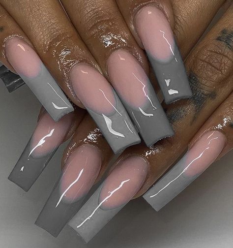 Gray Square Acrylic Nails, Grey Nails Acrylic Coffin, Gray Nails French Tips, Long Grey Acrylic Nails, Grey Tapered Square Nails, Grey Nails Coffin Long, Grey French Tips, Long Square Acrylic Nails Gray, Gray Acrylic Nails