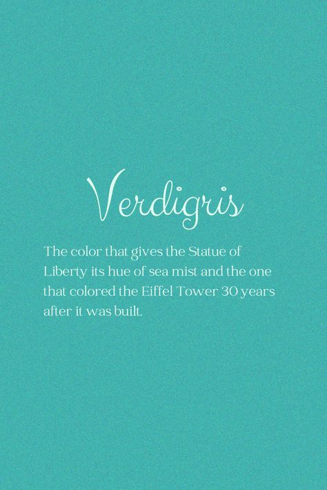 The color is a naturally occurring carbonate that is formed on copper/bronze when they are exposed to oxygen, water, carbon dioxide or sulfur. Therefore, after a while old copper pipes and roofs are destined to turn verdigris. Verdigris Color, Classy Colours, Color Magick, Copper Pipes, Color Boards, Colour Wheel, Color Study, Rainbow Connection, Color Meanings