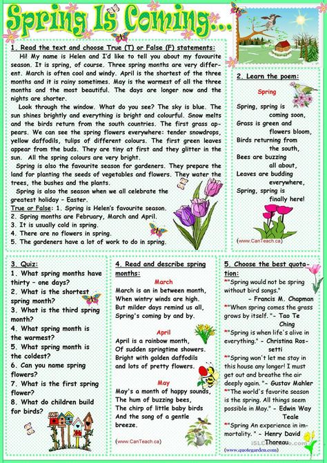 Spring Is Coming - English ESL Worksheets for distance learning and physical classrooms Spring Vocabulary, Spring Worksheet, Esl Reading, Summer Worksheets, English Club, Spring Reading, Reading Comprehension Lessons, English Teaching Resources, Reading Help