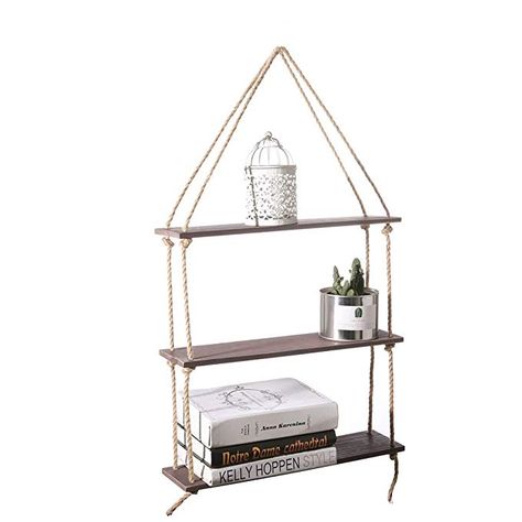 Kingdom West Swinging Hanging Rope Shelf Rustic Wall Decor Wooden Jute Rope Organizer 3-Tier Bamboo Shelves, Hanging Wall Shelf, Hanging Wood Shelves, Hanging Rope Shelves, Decor Bookshelves, Shelves For Living Room, Kitchen Apartment, Floating Shelves Kitchen, Shelves Kitchen