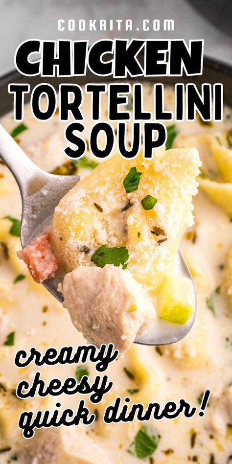 Creamy, hearty, and comforting Chicken Alfredo Tortellini Soup is an easy one-pot dish that will warm you up on a chilly day! It combines the flavors of classic Chicken Alfredo with the indulgence of tortellini pasta in a warm, creamy broth. Creamy Alfredo Soup, Chicken Alfredo Tortellini Soup, Alfredo Tortellini Soup, Chicken Alfredo Tortellini, Alfredo Tortellini, Chicken Tortellini Soup, Chicken Tortellini, Tortellini Pasta, Chicken Enchilada Casserole