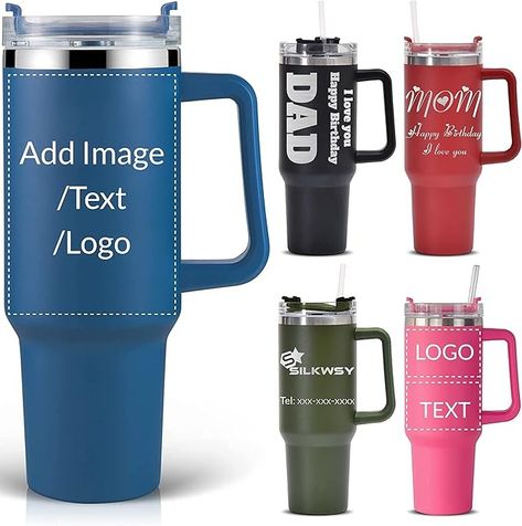 Amazon.com | Personalized Tumbler With Handle-Custom 40oz Travel Cup With Lid And Straw-Laser Engraved With Name,Logo,Text,Image-Personalized Gifts For Mom,Dad,Birthday: Tumblers & Water Glasses Personalized Travel Mugs, Custom Tumbler Cups, Tumbler Personalized, Custom Cups, Cup With Lid, Logo Text, Personalized Gifts For Mom, Personalized Tumbler, Custom Tumbler